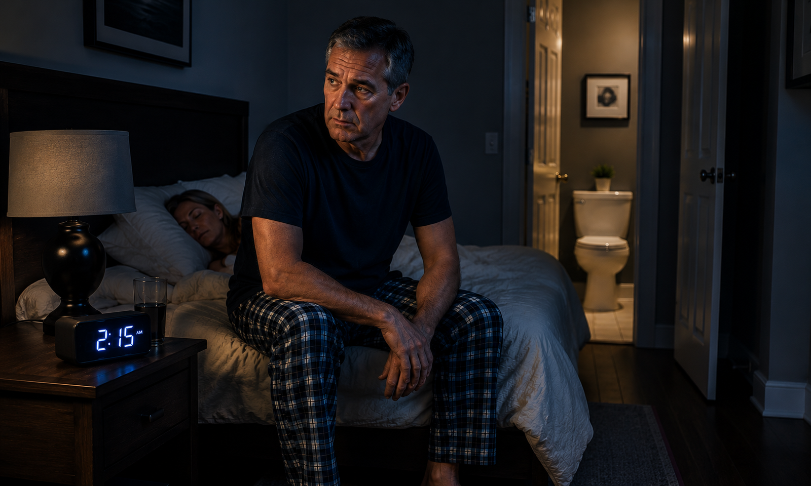 A man sitting on the edge of his bed at 2:15 a.m. while his wife sleeps peacefully beside him.